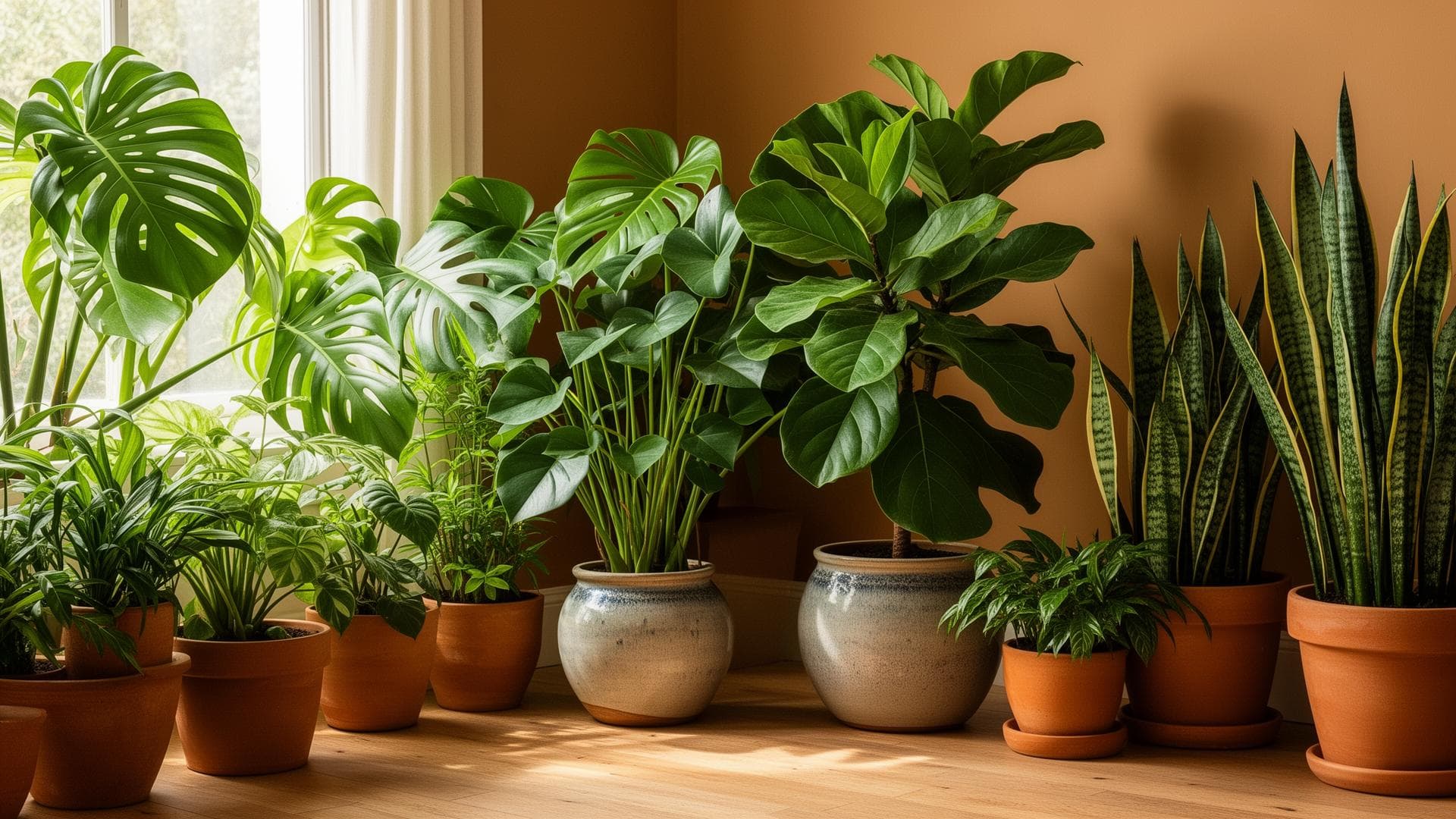 Beautiful collection of indoor plants in ceramic pots